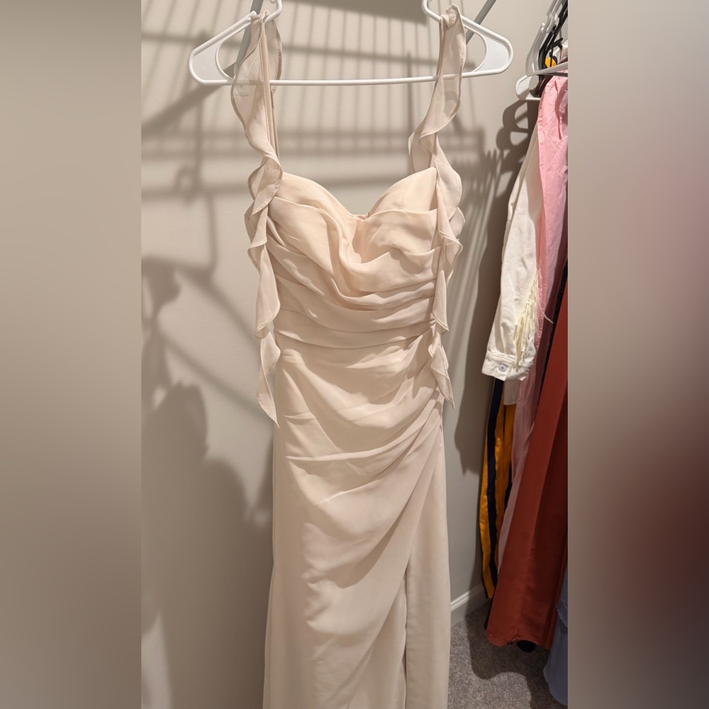 Azazie Cream Strapless Ruffle Gown